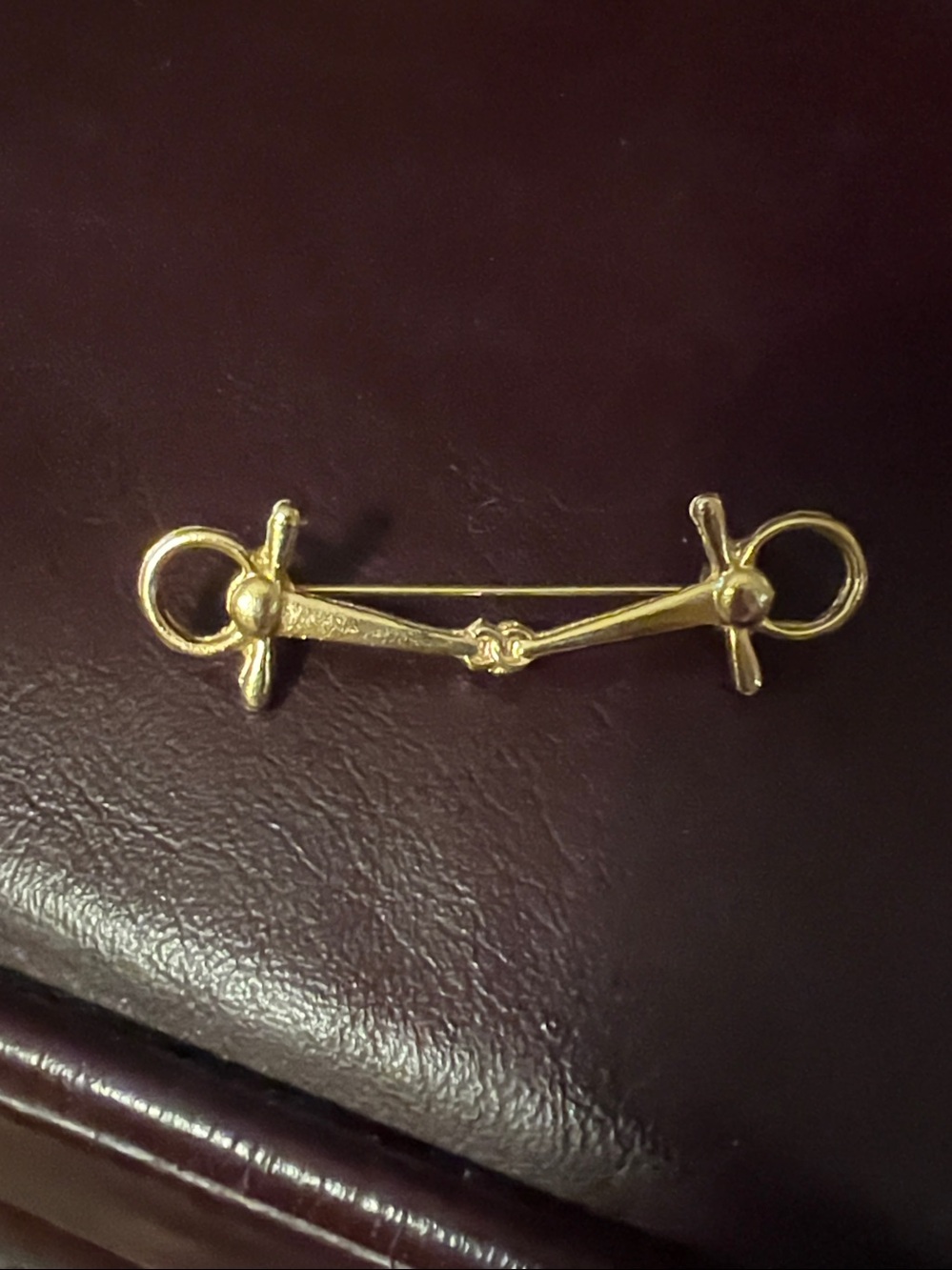 Classic Full Cheek Snaffle Bit Stock Pin Brooch in polished gold metal